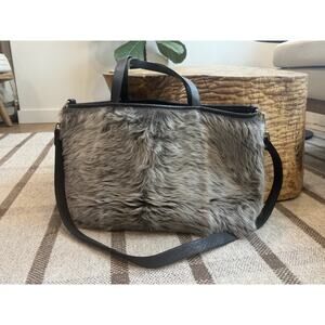 Luana Italy Fur Leather Crossbody Tote Bag Purse Gray Blue